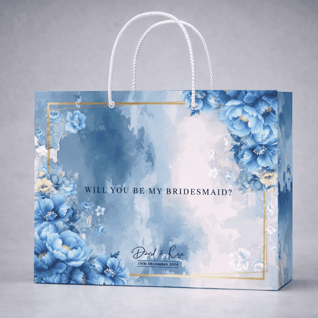 Luxury Wedding Paper Bag Bridesmaid Proposal Blue Floral Gold Frame - Image 1
